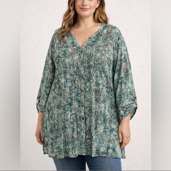 Catherines Tops - Catherines Button Down Tunic Top Pleated Flowy Teal Blue Batik Boho Peasant 6X